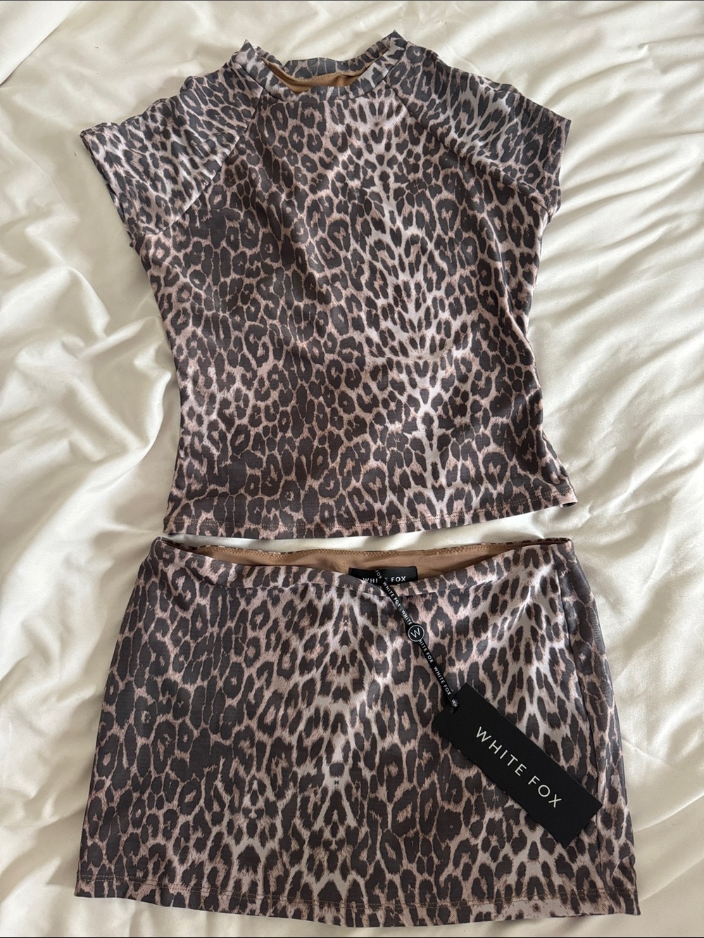 White Fox Boutique Brown Leopard Print Two-Piece Skirt Set